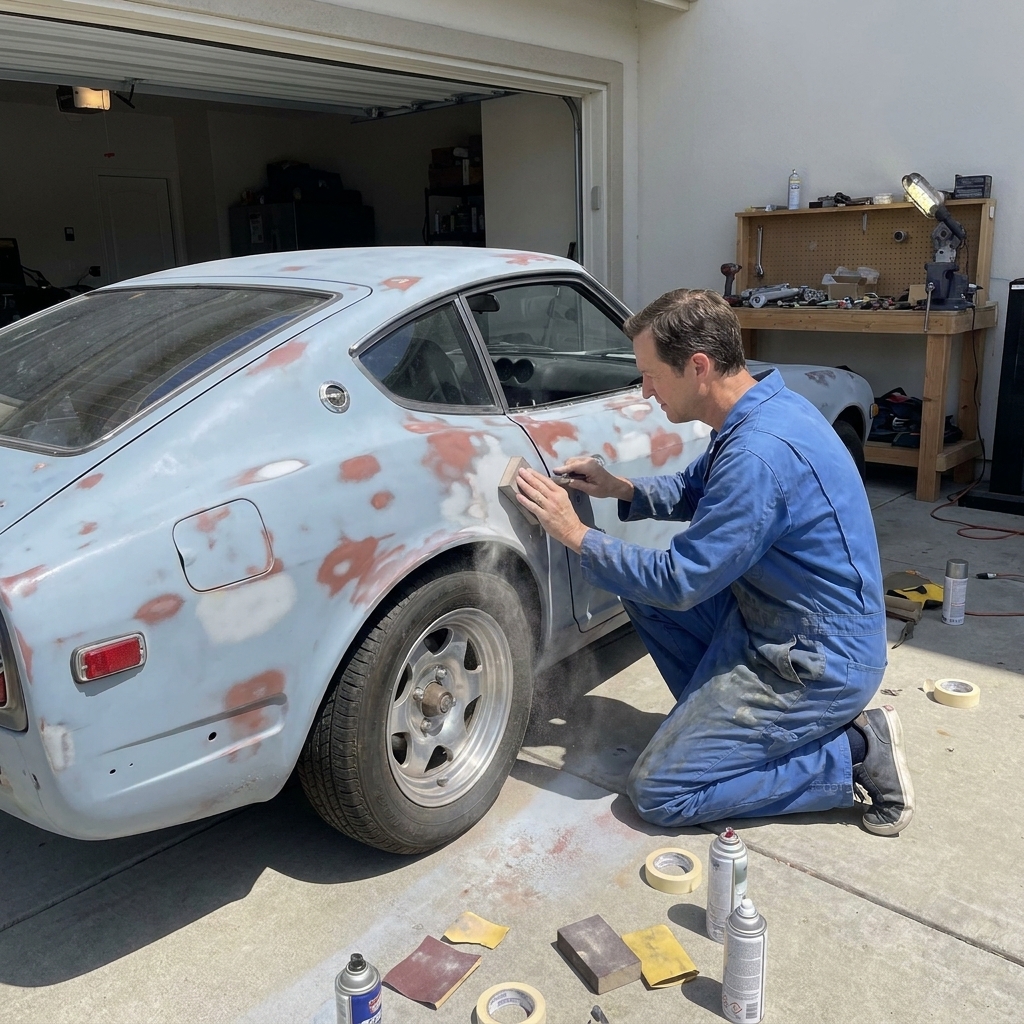 A 1978 Datsun 280Z parked in a driveway with primer spots visible on the body during an in-progress restoration