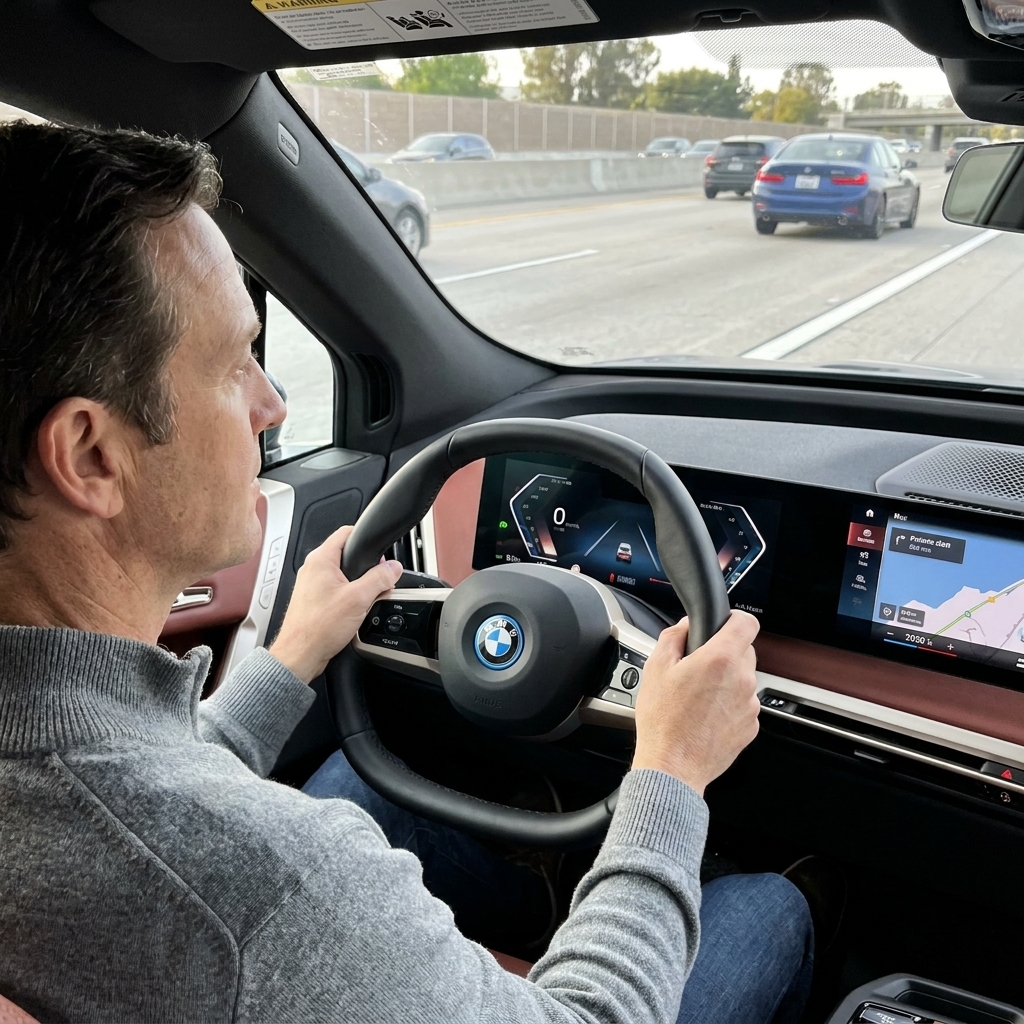 A BMW iX traveling on a freeway with clear lane markings while the driver sits upright and attentive