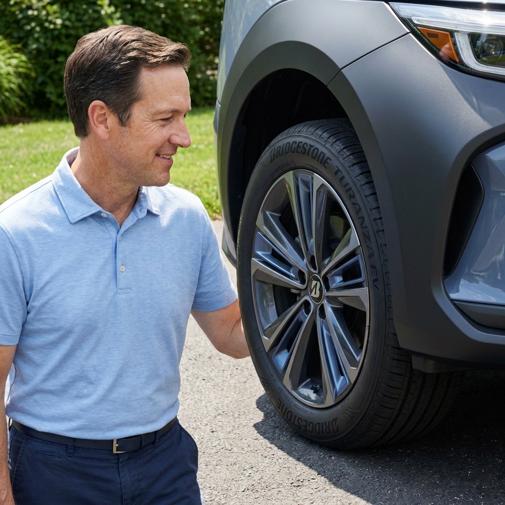 A Bridgestone Turanza EV tire mounted on a crossover EV wheel with a clear view of the sidewall branding in daylight