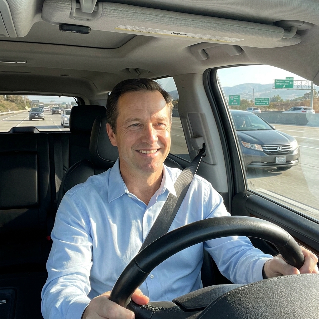 A Cadillac Escalade driving on a multi-lane interstate with clear lane markings and light traffic