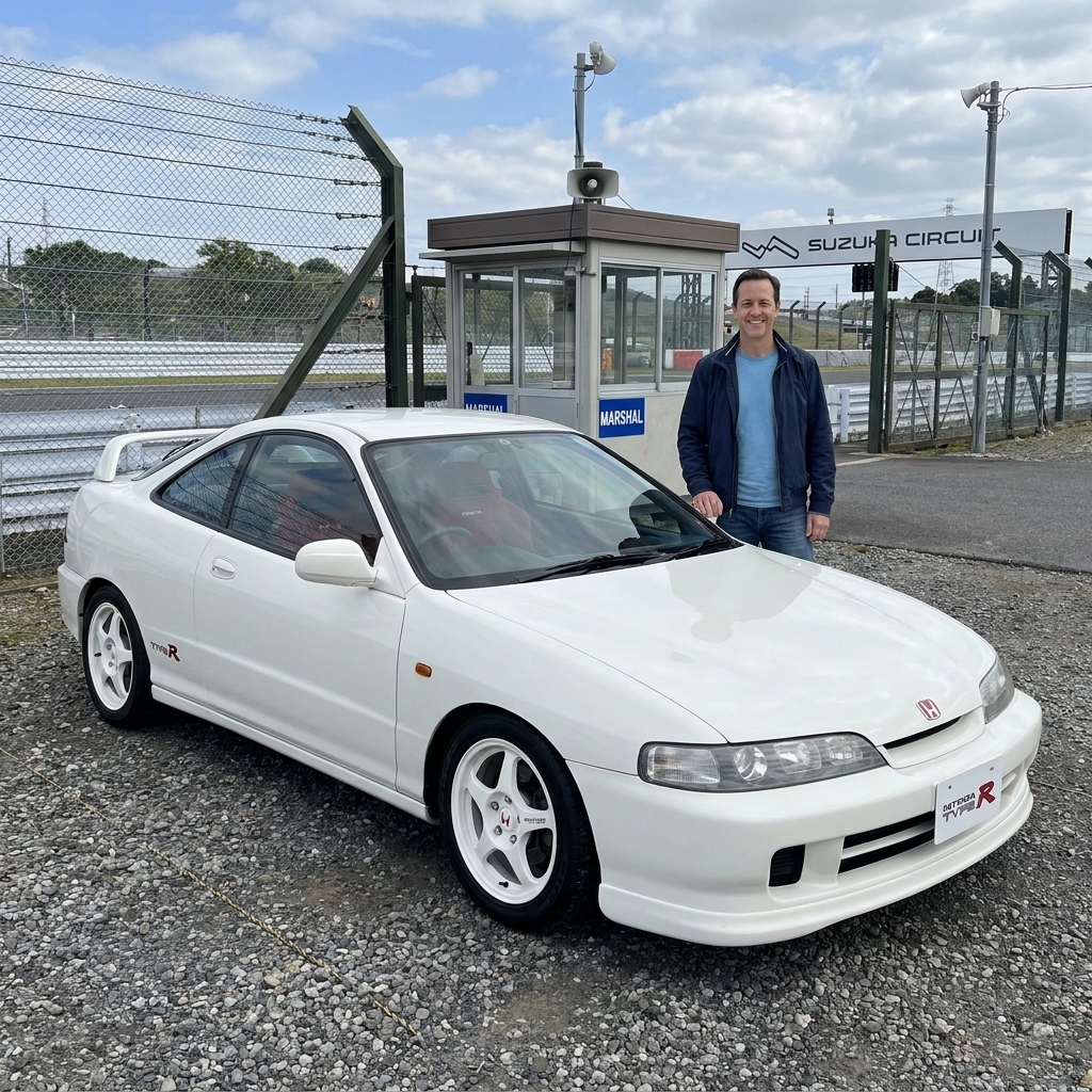 A Championship White Honda Integra Type R DC2 parked near a track entrance with period-correct wheels