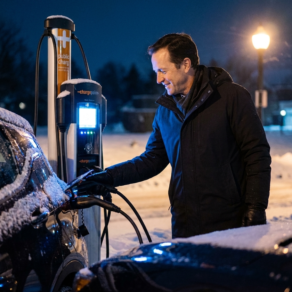 A ChargePoint public charger at night with snow on the ground and a driver connecting a charging cable to an electric car
