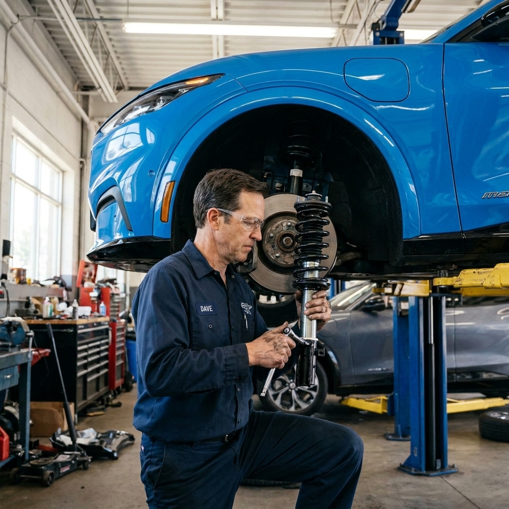 A Ford Mustang Mach-E on a hydraulic lift in a workshop while a technician fits a coilover assembly near the front wheel hub
