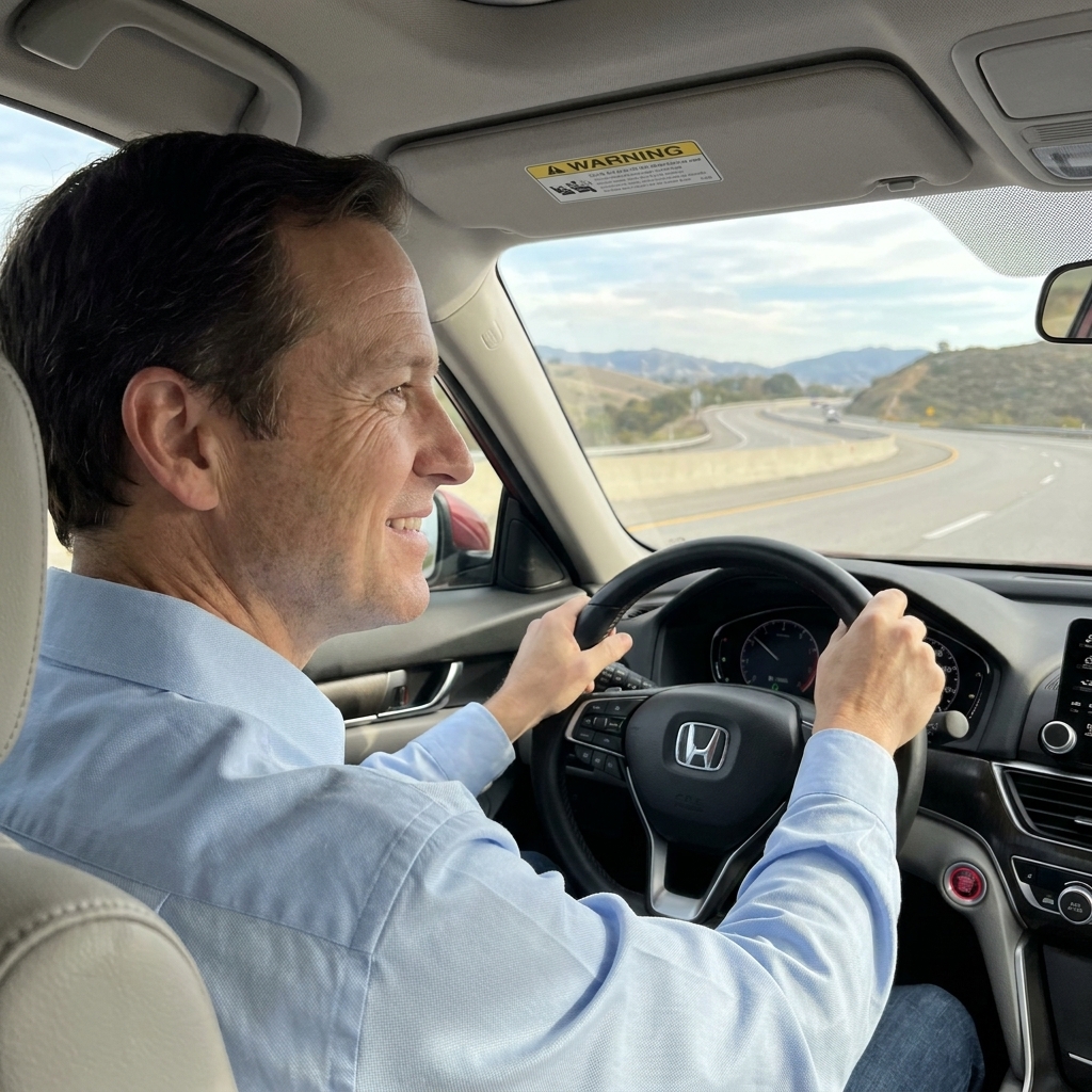 A Honda Accord driving on a gently curving freeway while the driver looks ahead with hands near the wheel