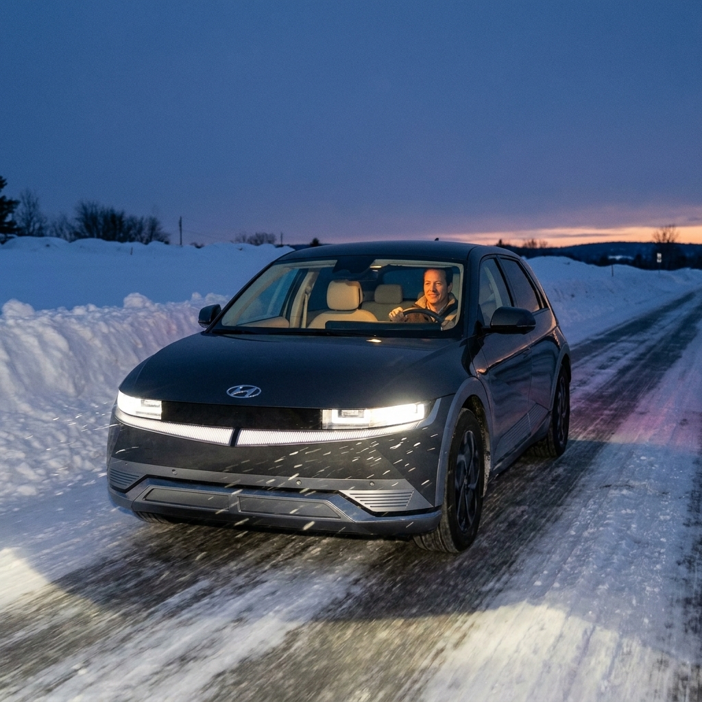 A Hyundai Ioniq 5 driving steadily on a plowed snowy road at dusk, with snowbanks along the shoulder and headlights reflecting off wet pavement
