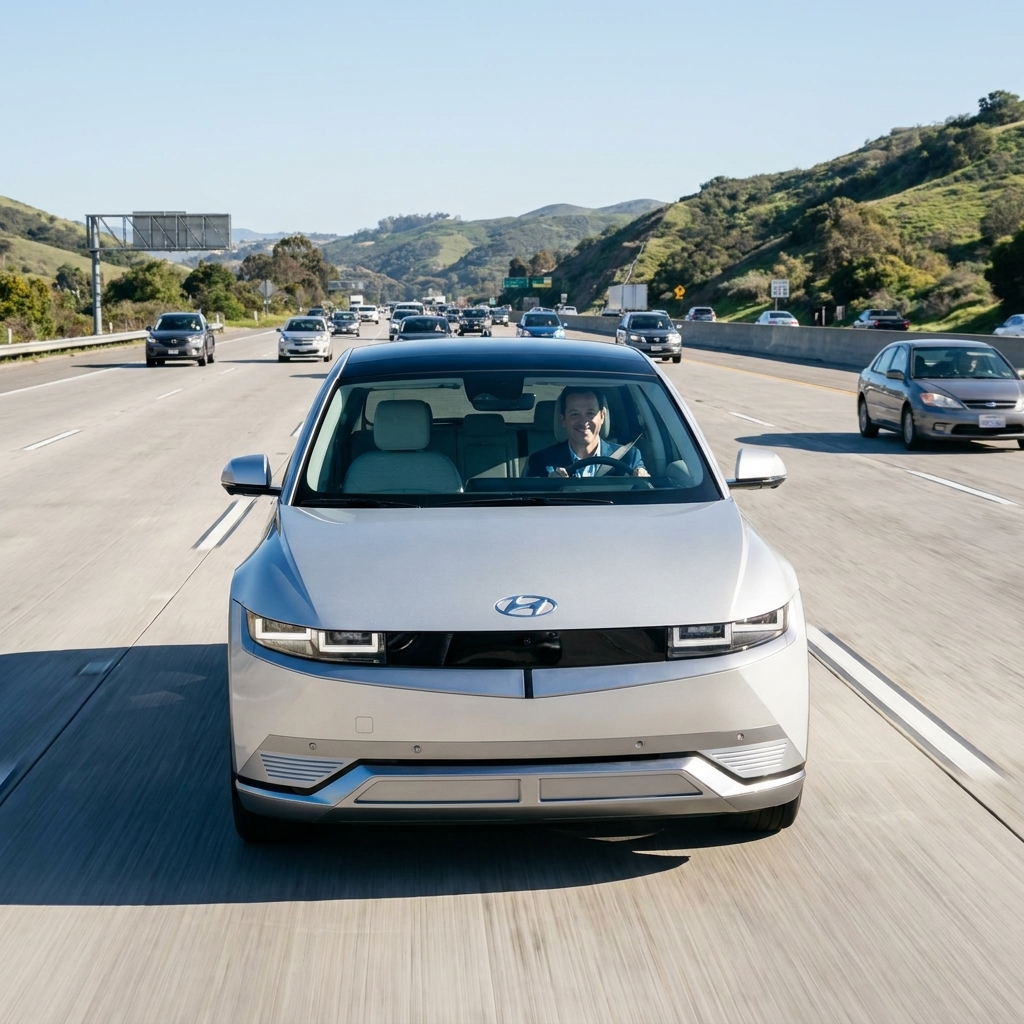 A Hyundai Ioniq 5 traveling in the center lane of a highway with light traffic and clear lane markings