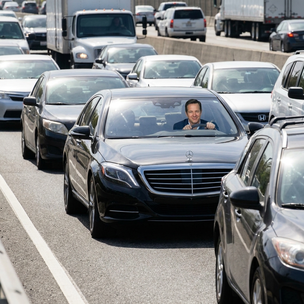 A Mercedes-Benz S-Class moving in slow freeway traffic with other vehicles nearby and clear lane markings