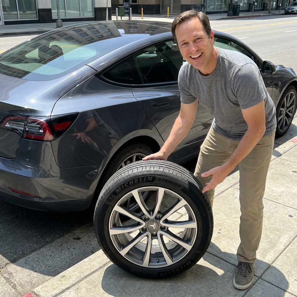 A Michelin e.Primacy tire on a mounted wheel sitting beside an electric vehicle at a curb in bright daylight