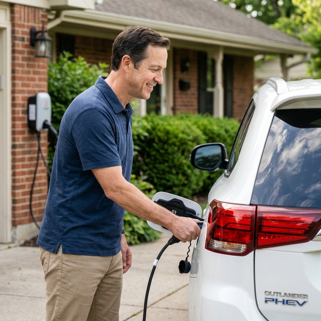 A Mitsubishi Outlander PHEV plugged into a home charging station in a driveway