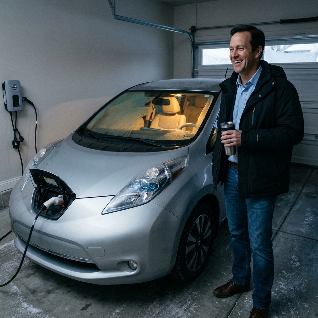 A Nissan Leaf parked in a residential garage with the windshield clearing as the cabin preheats on a cold morning