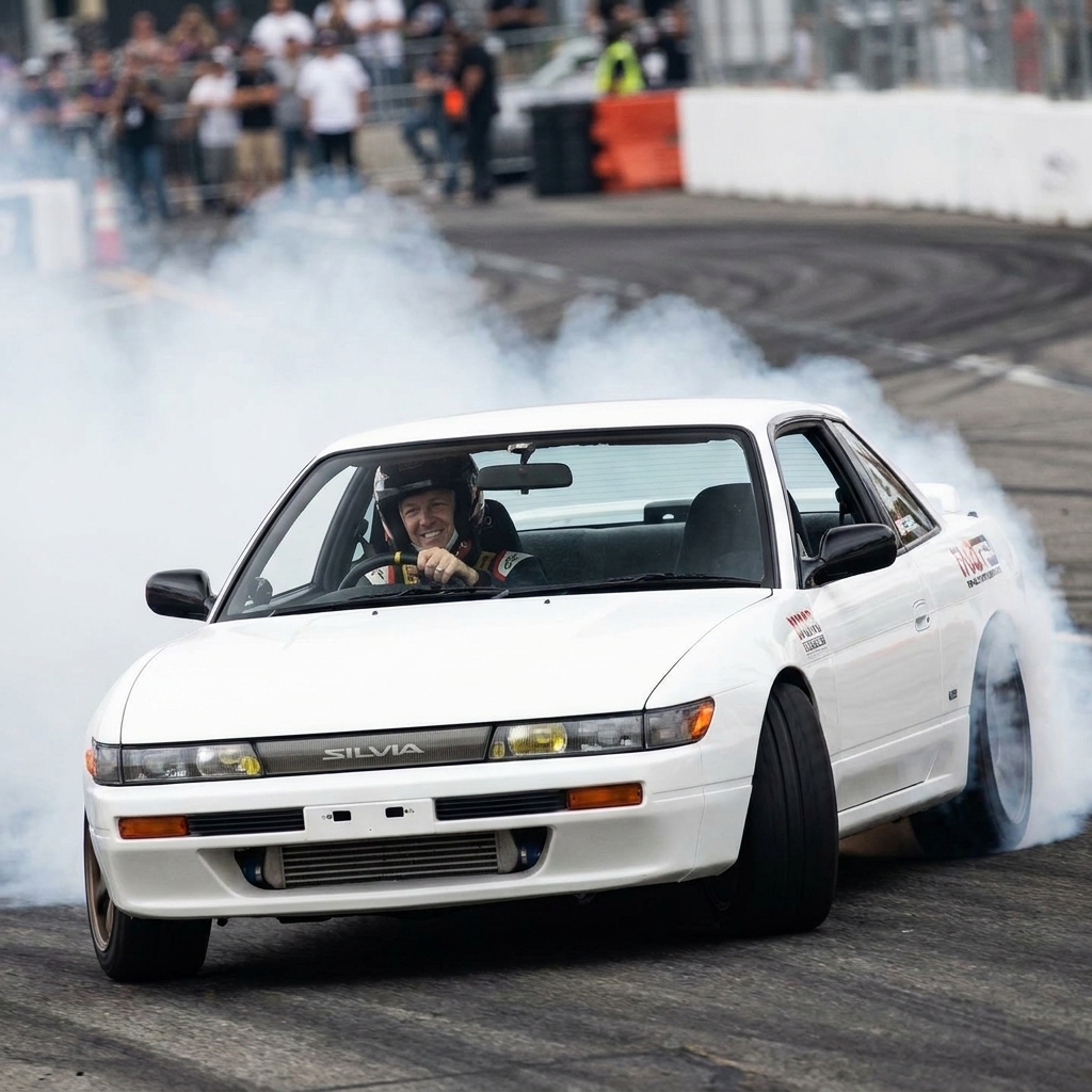 A Nissan Silvia S13 mid-drift on a closed course with tire smoke and visible countersteer
