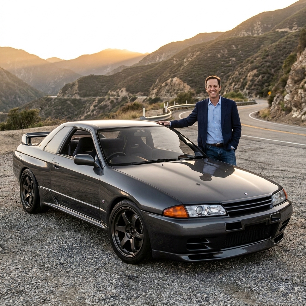 A Nissan Skyline GT-R parked on a mountain pull-off, showing its squared stance and classic performance wheels