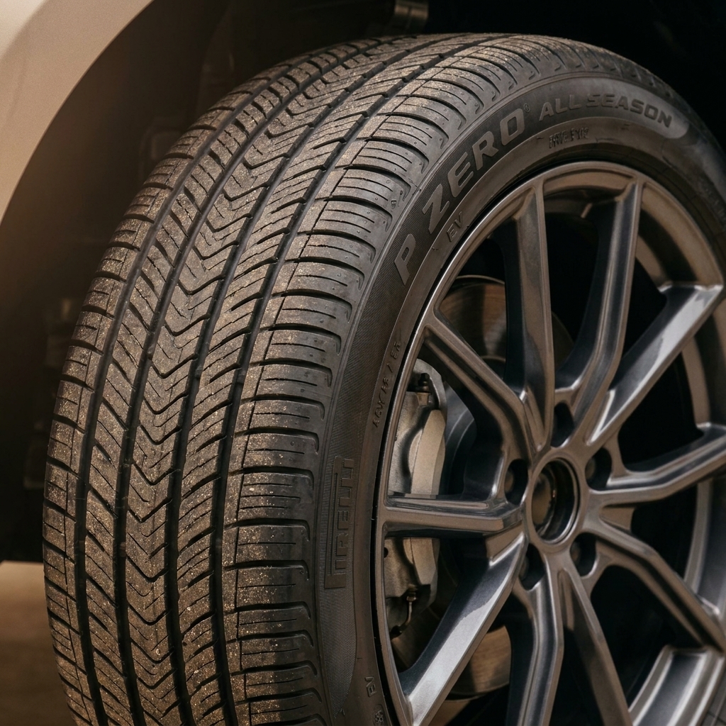 A Pirelli P Zero All Season tire on an EV with a close view of the tread blocks and sporty wheel design