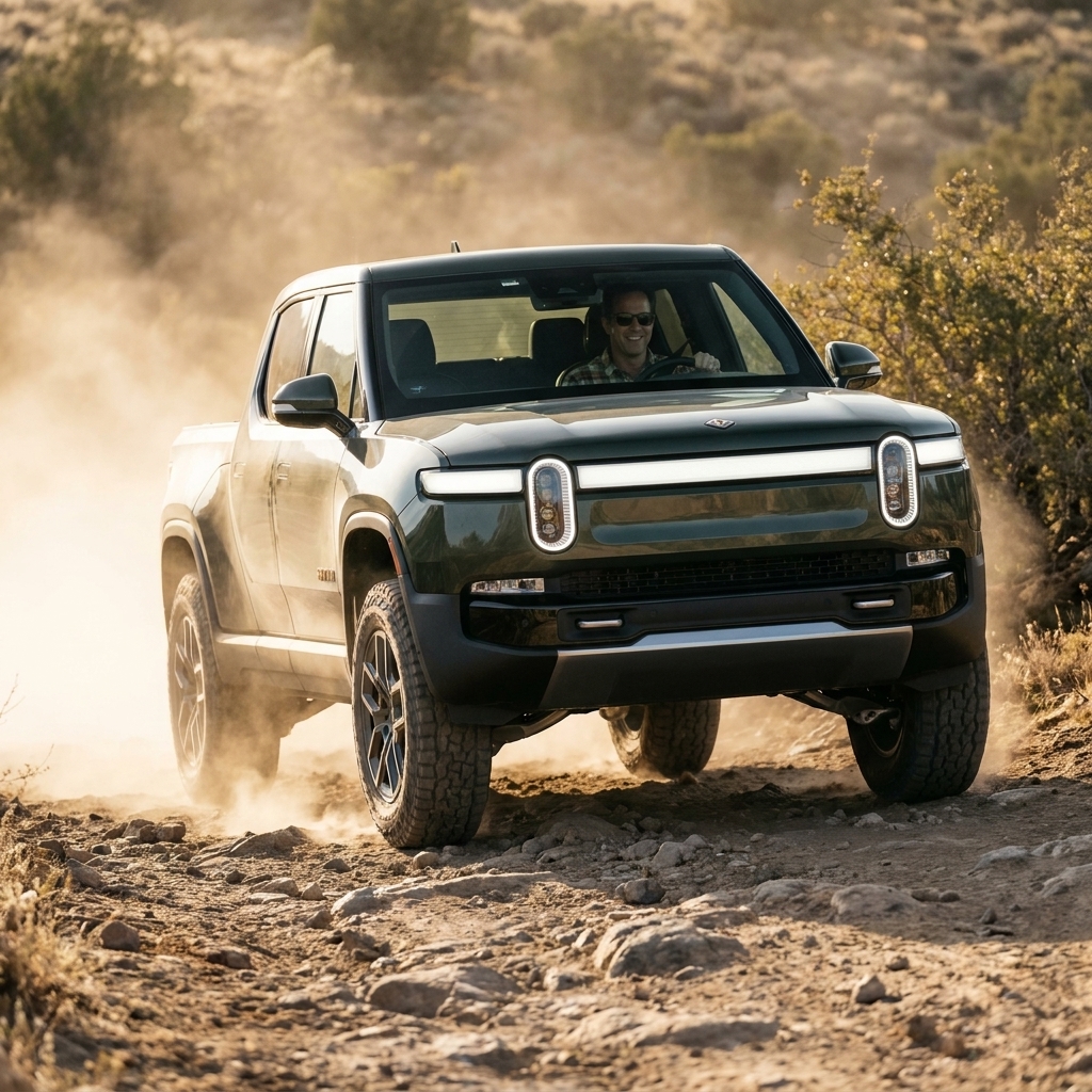 A Rivian R1T driving slowly on a rocky dirt trail with aftermarket suspension and all-terrain tires, dust rising behind the truck