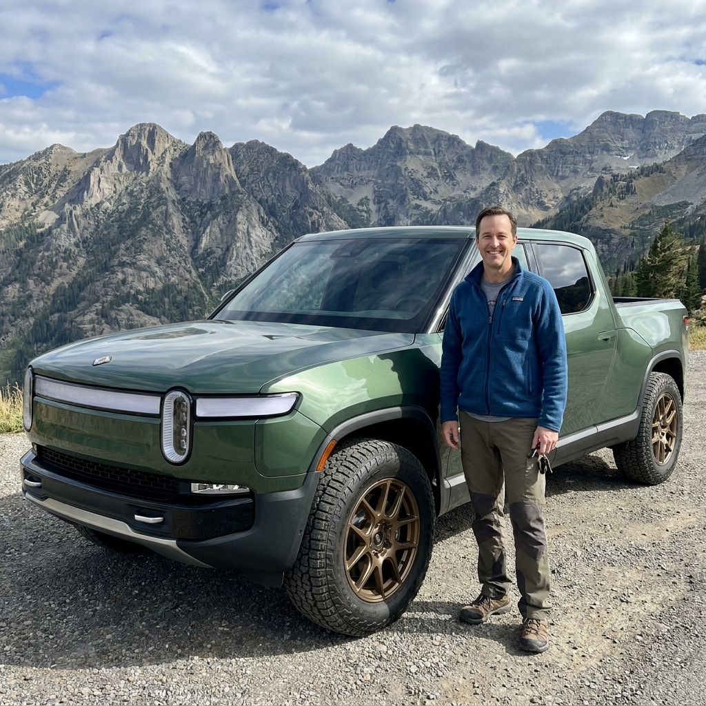 A Rivian R1T parked on a gravel turnout with aftermarket wheels and all-terrain tires, shot in natural daylight with mountains in the background