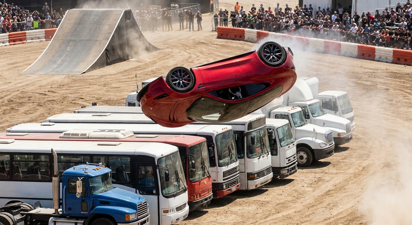 A Tesla Roadster midair above a line of vehicles during a stunt jump, rotating as it performs a flip before landing