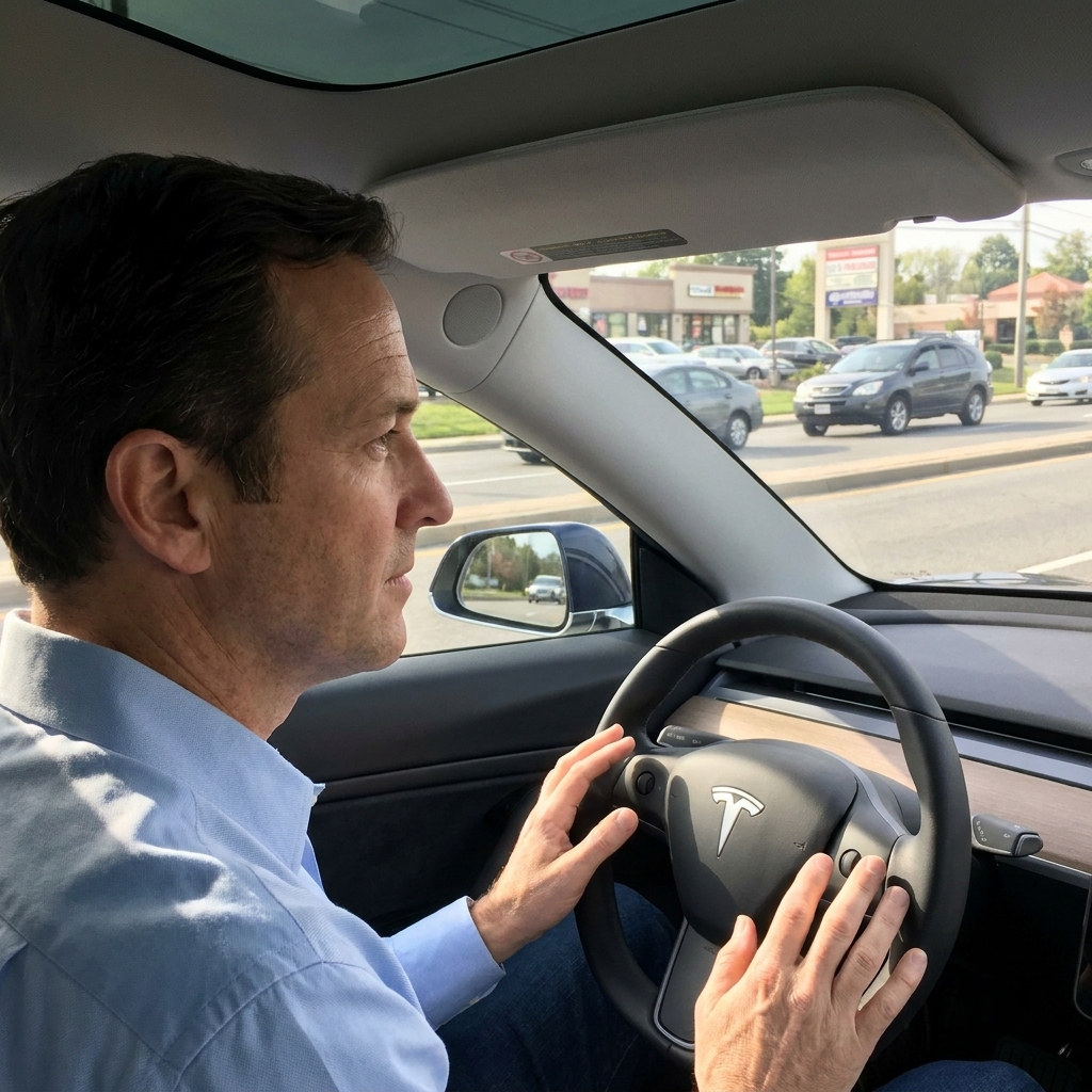 A Tesla sedan driving on a suburban arterial road with moderate traffic while the driver looks forward with hands ready near the steering wheel