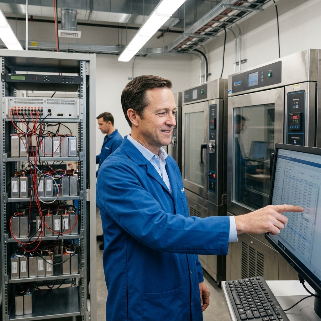 A battery testing lab with racks of cells connected to test equipment and technicians checking monitors near temperature-controlled chambers