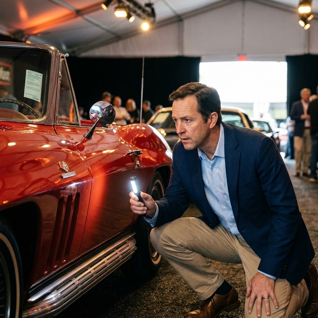 A bidder kneeling beside a classic car during an auction preview, using a flashlight to inspect the rocker panel and undercarriage details