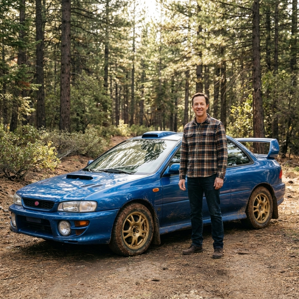 A blue Subaru Impreza WRX STI GC8 parked on a forest road with gold wheels and a rally-style stance