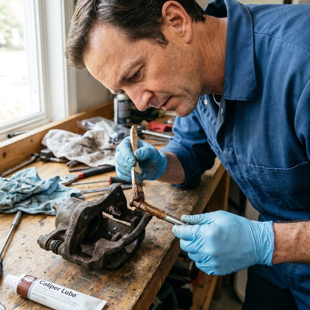 A brake caliper bracket on a workbench with a slide pin being coated in fresh brake grease