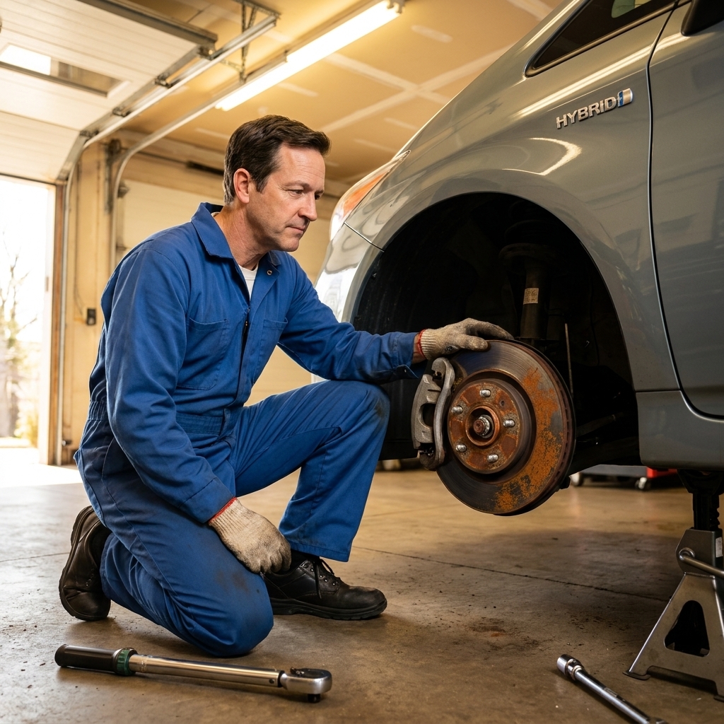 A brake rotor on a hybrid vehicle with visible surface rust on the braking face, viewed with the wheel removed in a garage