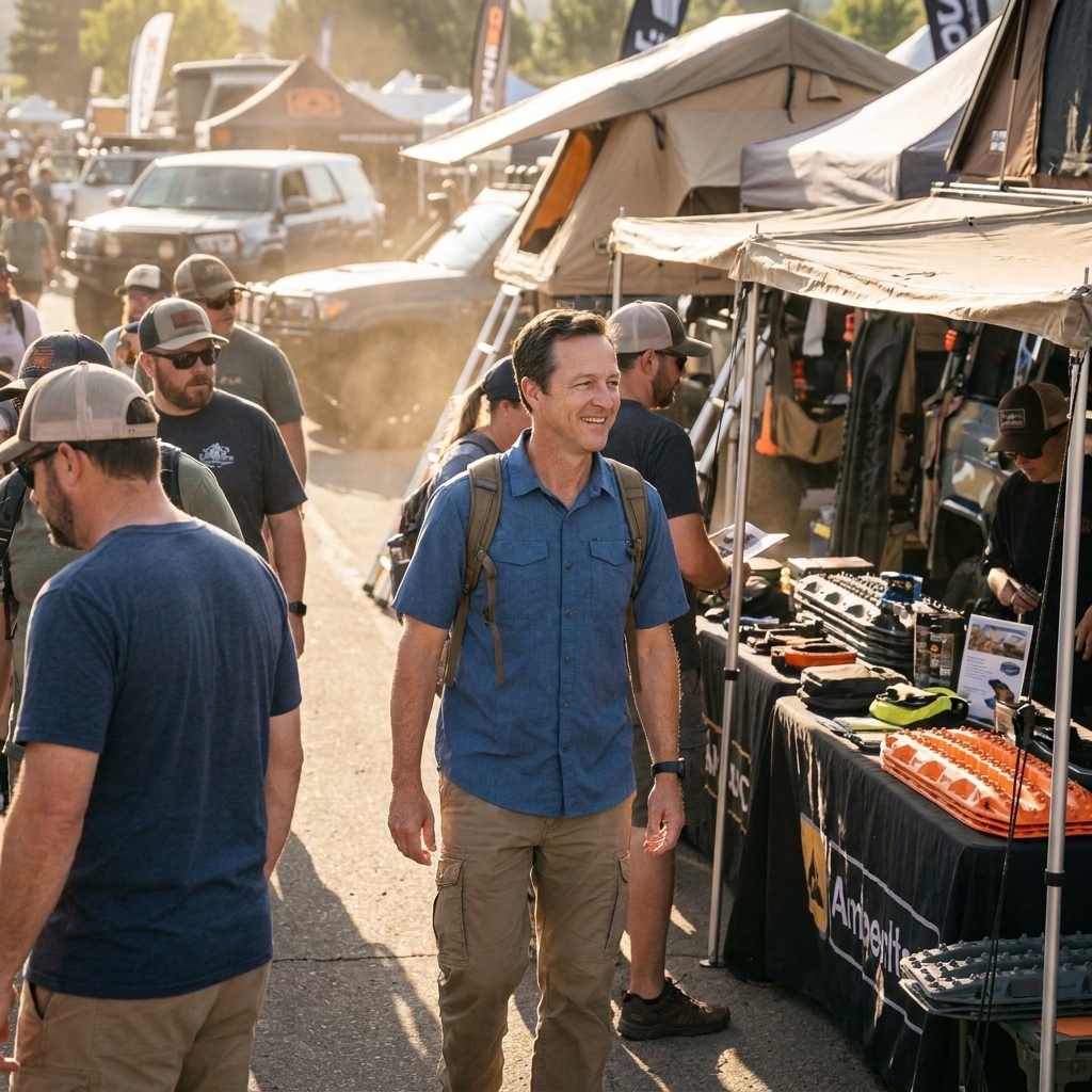 A busy overland expo vendor row with awnings, off-road accessories on display, and attendees walking between booths on a sunny afternoon