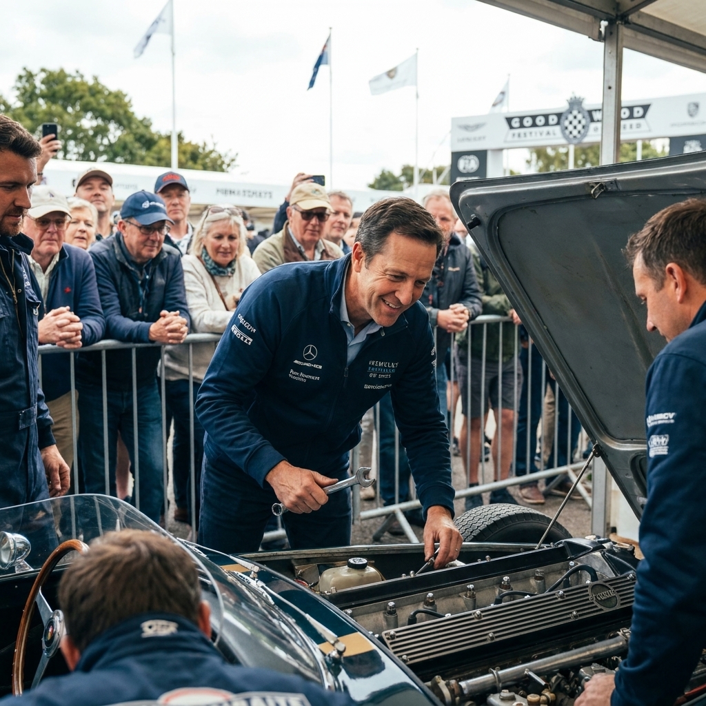 A busy paddock at the Goodwood Festival of Speed with mechanics leaning over open engine bays and spectators standing close behind the barriers