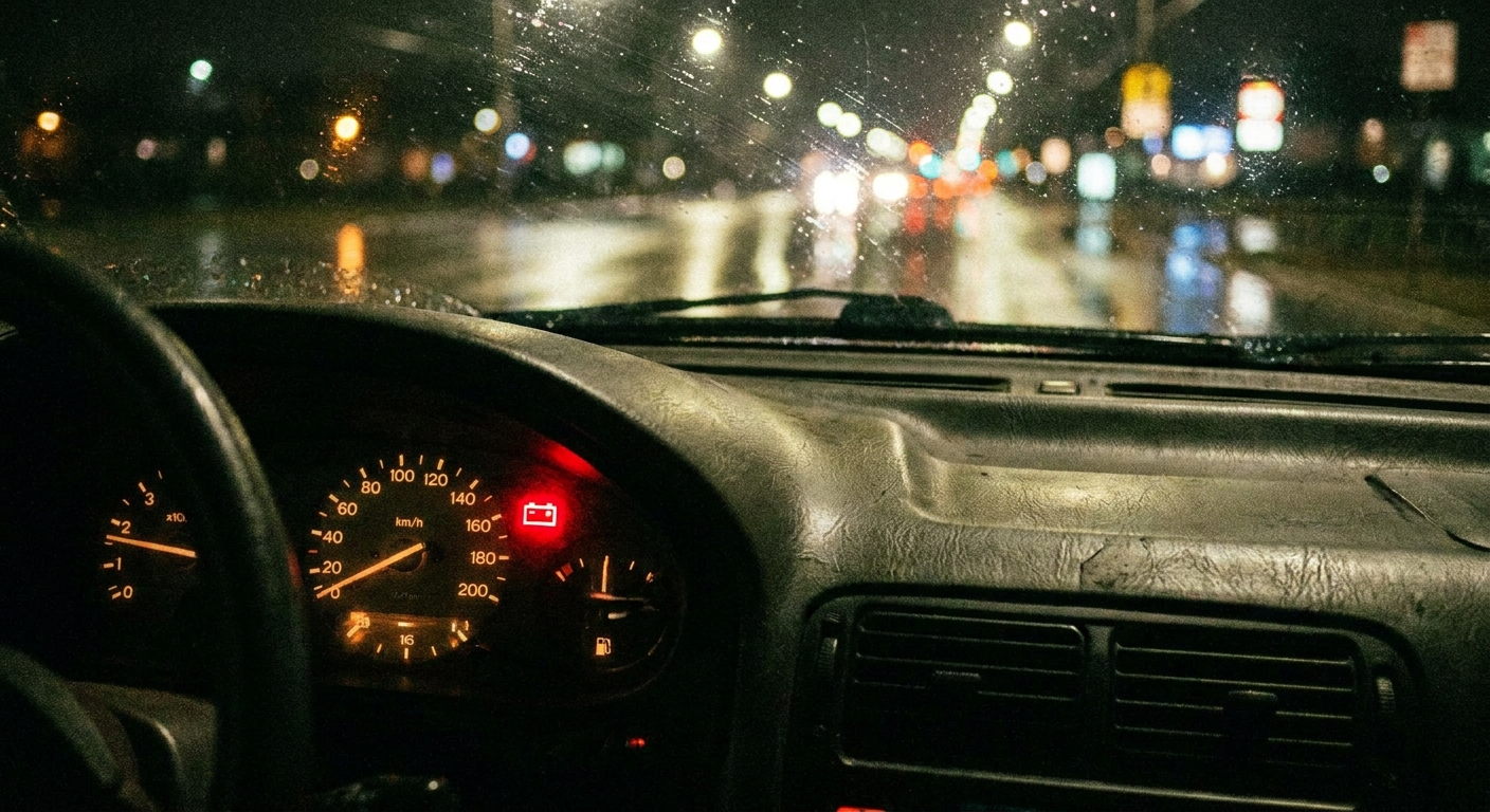 A car dashboard at night with the red battery warning light illuminated near the gauge cluster