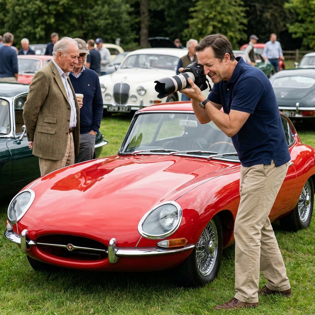 A car enthusiast holding a camera while photographing a classic sports car parked at a meet as the owner stands nearby chatting