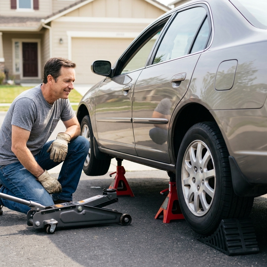 A car safely supported on two jack stands in a driveway with a floor jack nearby and wheel chocks placed behind a rear tire