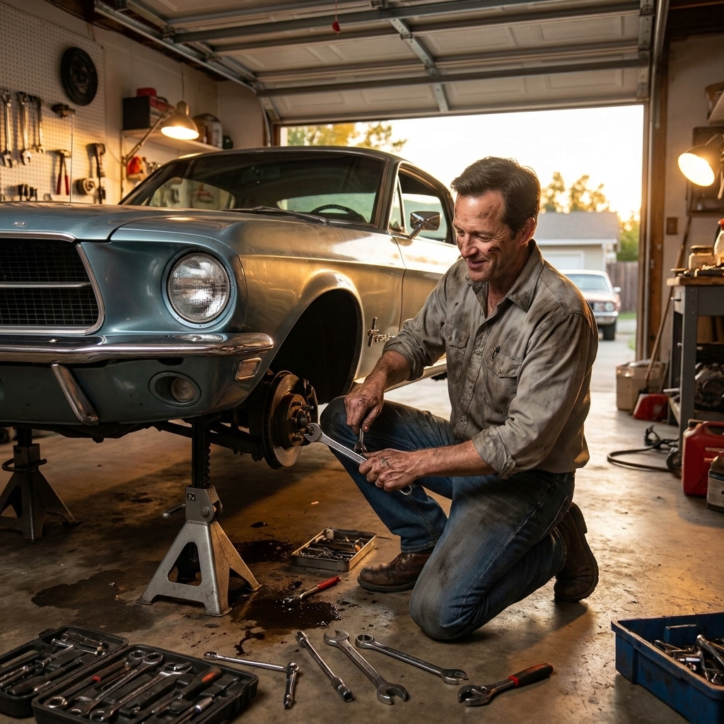 A classic car on jack stands in a home garage while a person works on the front suspension with hand tools, warm evening lighting