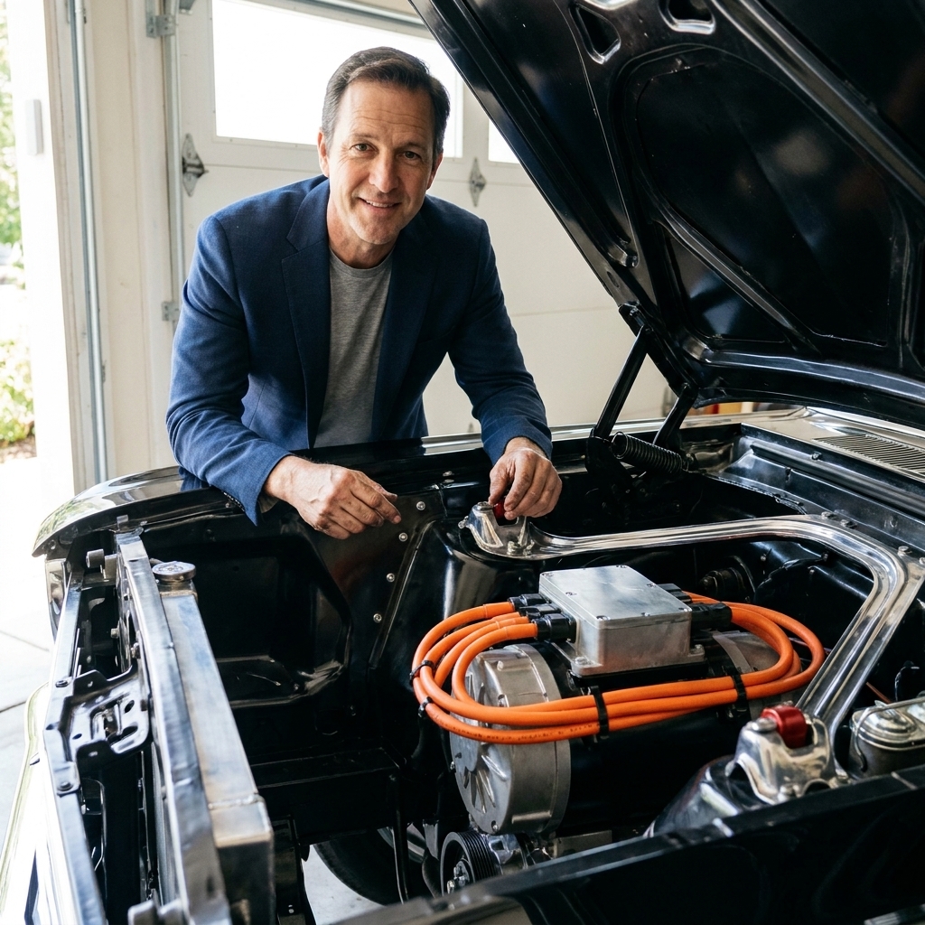 A clean classic car engine bay with the gasoline engine removed and a compact electric motor mounted with neatly routed orange high-voltage cables