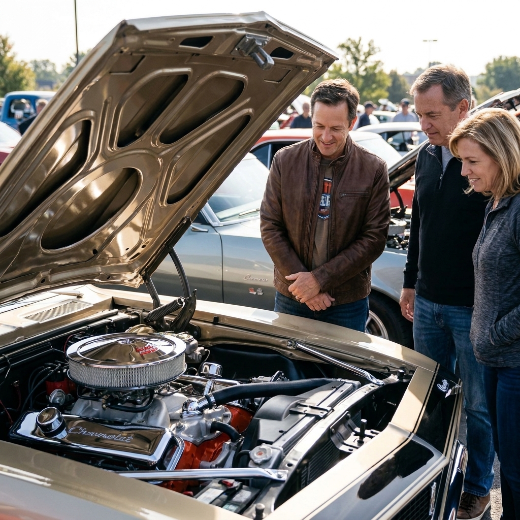 A clean classic car engine bay with the hood open as a small group of attendees looks on respectfully