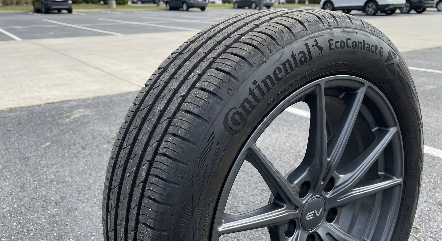 A close-up of a Continental EcoContact 6 tire tread and sidewall mounted on a modern EV wheel in a parking lot