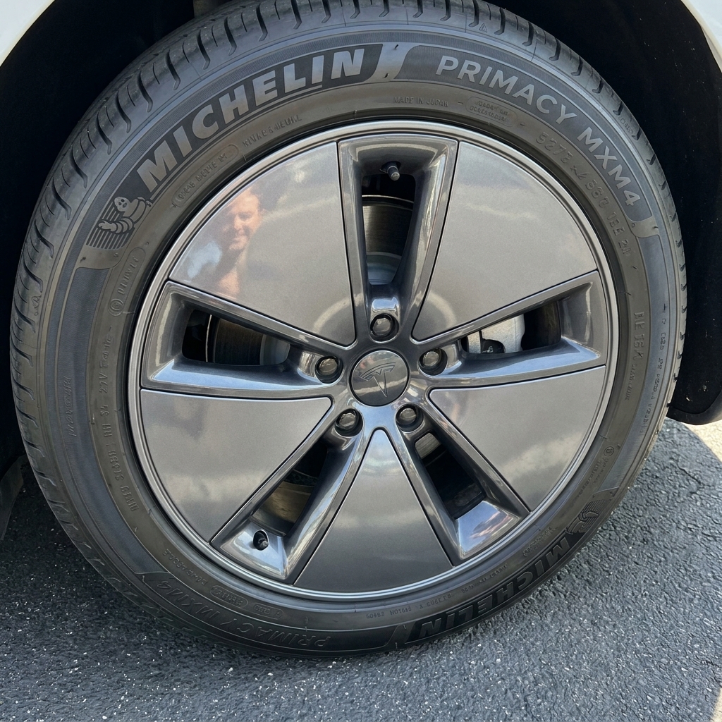 A close-up of a Michelin Primacy MXM4 tire mounted on a factory EV wheel with the car parked on clean asphalt