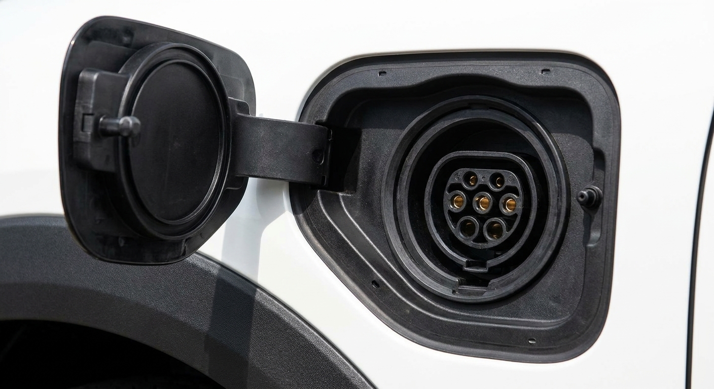 A close-up of an EV charge port with the cover open, showing clean connector pins and the surrounding trim in daylight