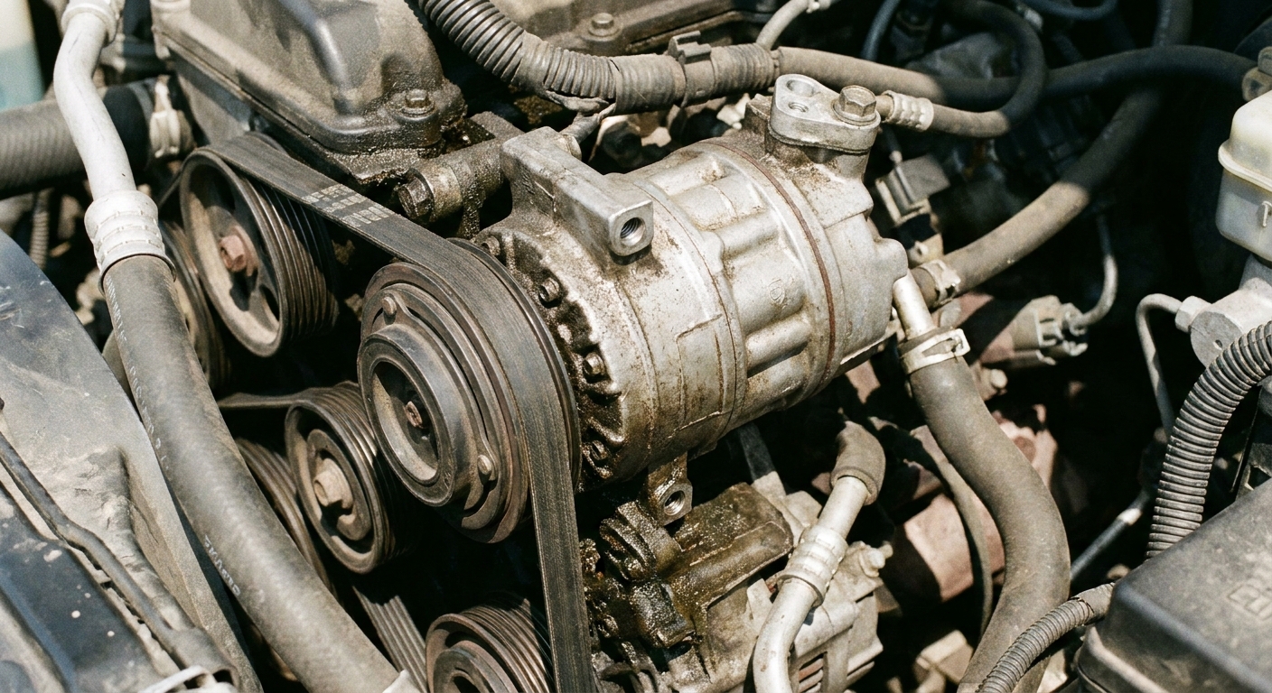 A close-up photo of a car air conditioning compressor mounted on the engine with the serpentine belt visible