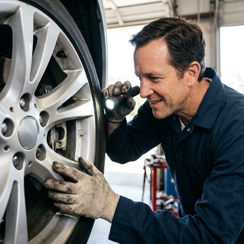 A close-up photo of a mechanic inspecting brake pad thickness through a wheel spoke using a flashlight