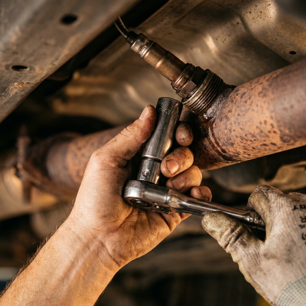 A close-up photo of a person's hands using an oxygen sensor socket to loosen an O2 sensor from an exhaust pipe under a vehicle