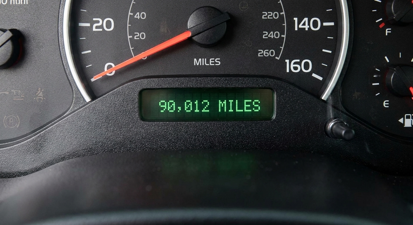 A close-up photo of a vehicle instrument cluster showing an odometer reading around ninety thousand miles
