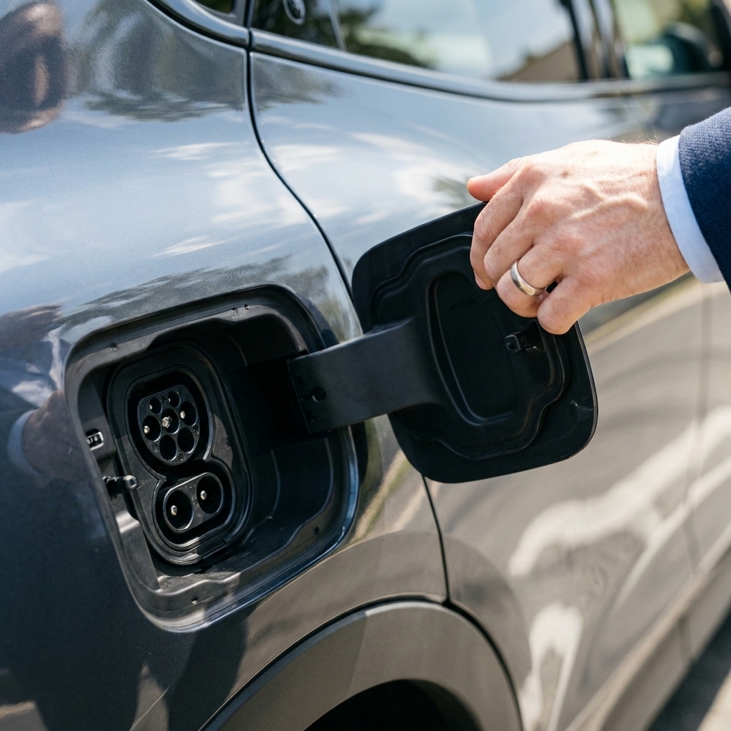 A close-up photo of an electric vehicle charging port with the connector removed, showing clean pins and the charge door open in daylight