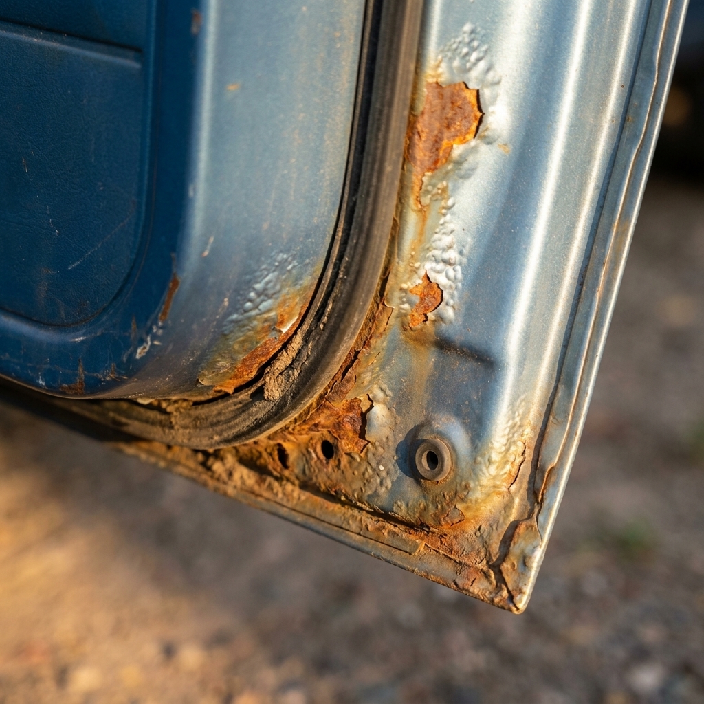 A close-up photo of the lower edge of a car door with rust forming along the inner seam near the drain holes