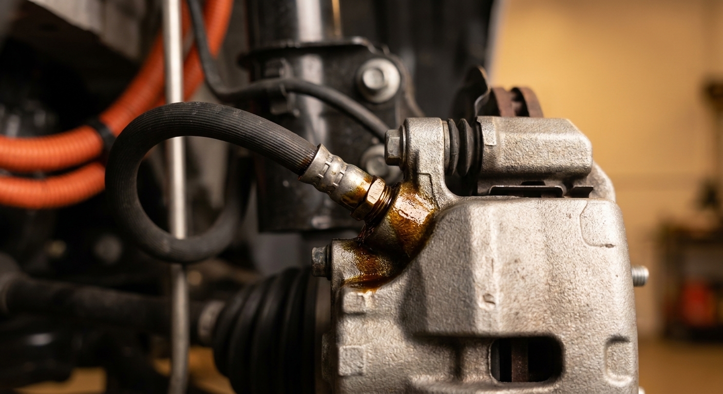 A close-up photograph of a front brake caliper and rubber brake hose on a hybrid vehicle, showing wet brake fluid around the hose fitting