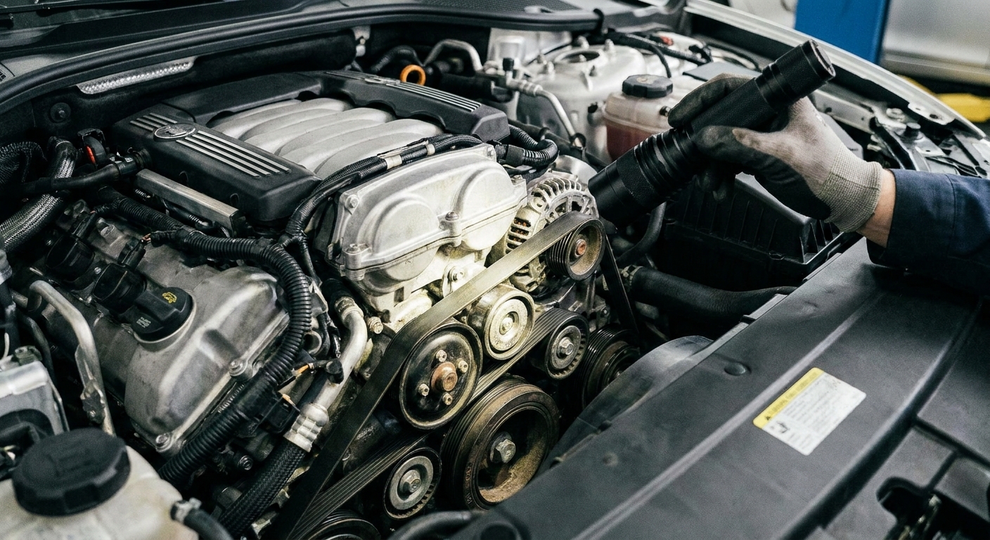 A close-up view of a modern engine bay with a hand holding a flashlight aimed at the serpentine belt