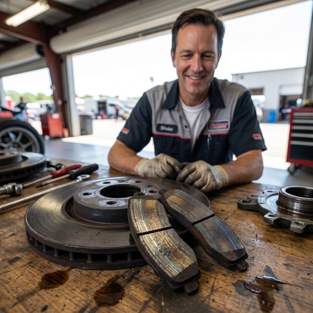 A close-up view of worn performance brake pads and a vented brake rotor sitting on a workbench in a track paddock