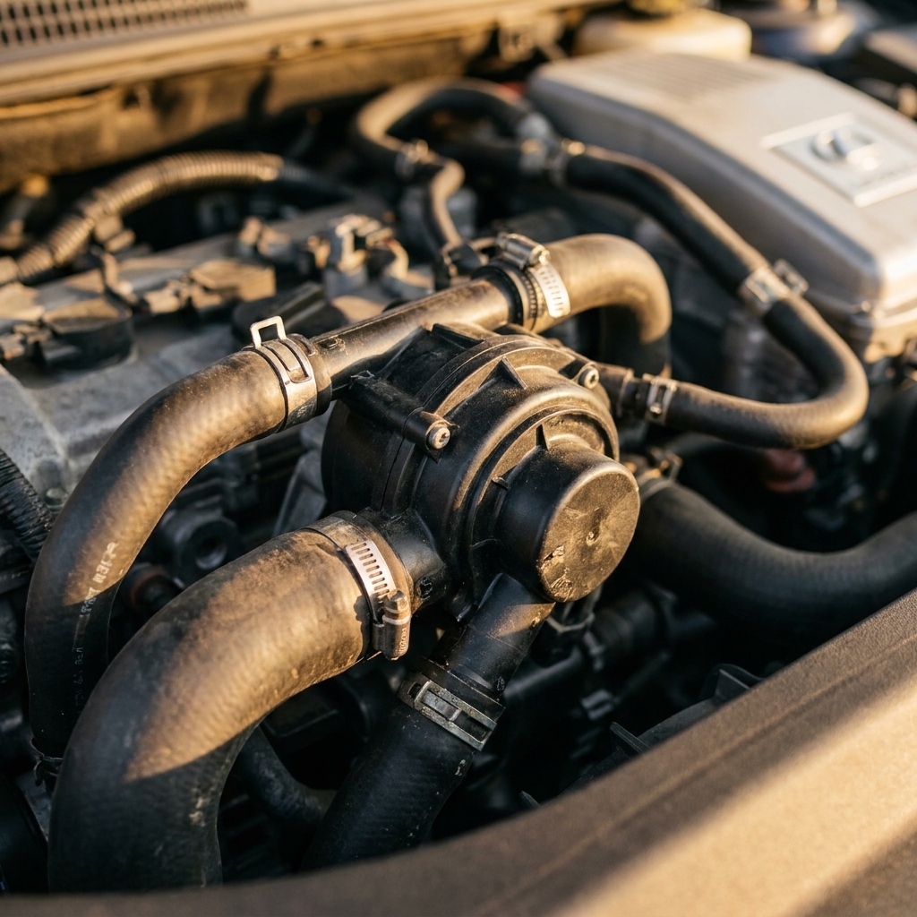 A close view of a Lexus hybrid inverter coolant pump area with hoses and clamps visible in the engine bay
