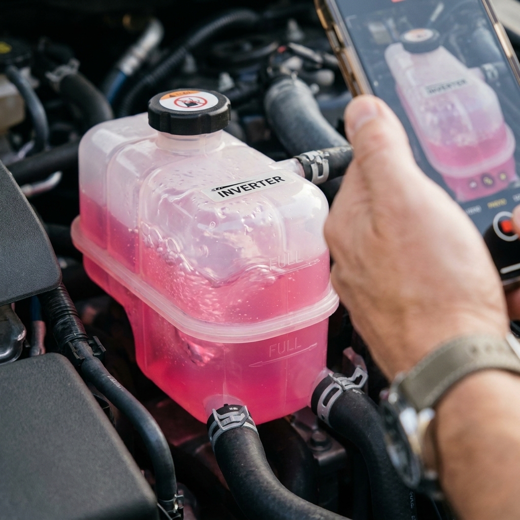 A close view of a Toyota hybrid inverter coolant reservoir with visible coolant movement indicating the electric pump is circulating