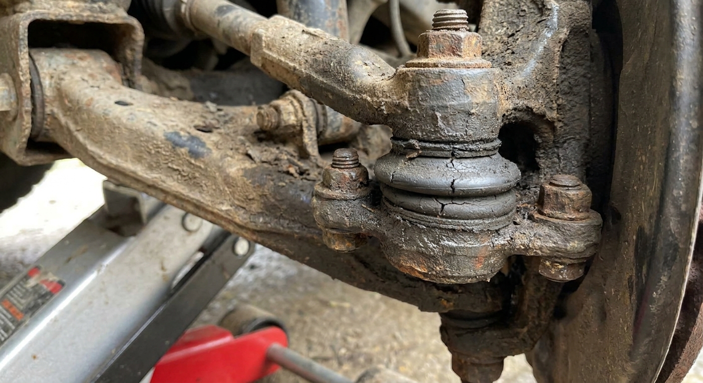 A close view of a front suspension ball joint and control arm on a vehicle lifted on jack stands, showing typical road grime and hardware