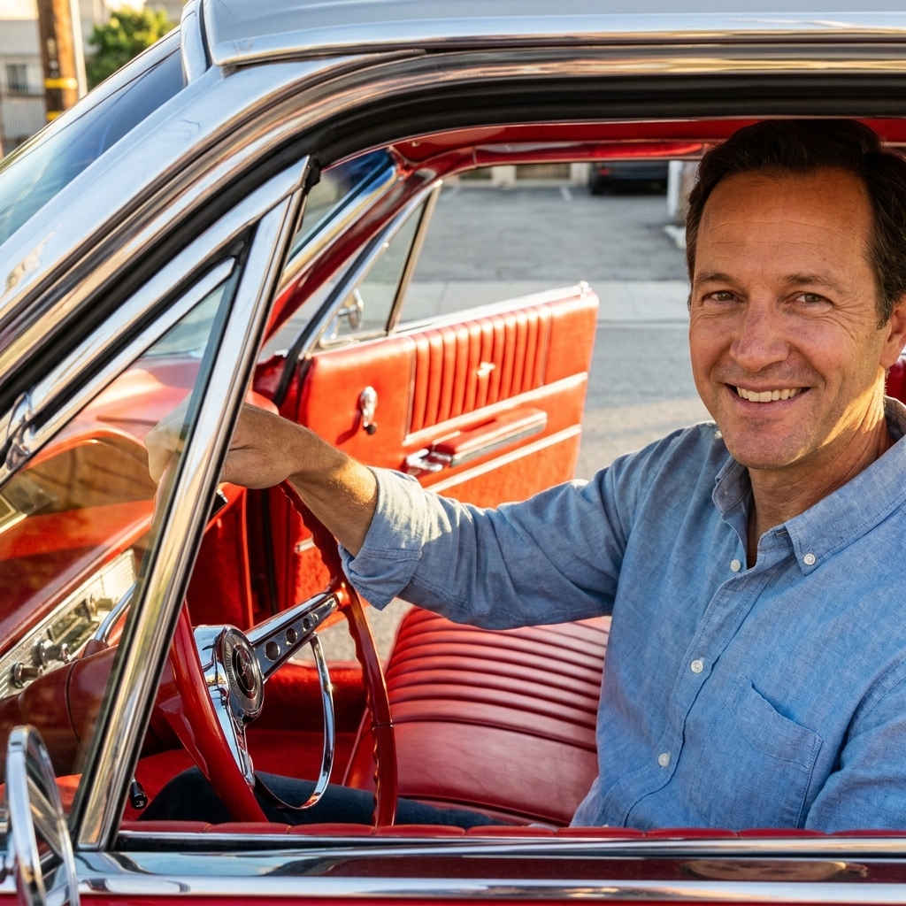 A close view of a lowrider interior with red tuck-and-roll upholstery, a classic steering wheel, and chrome trim reflecting sunlight through an open door